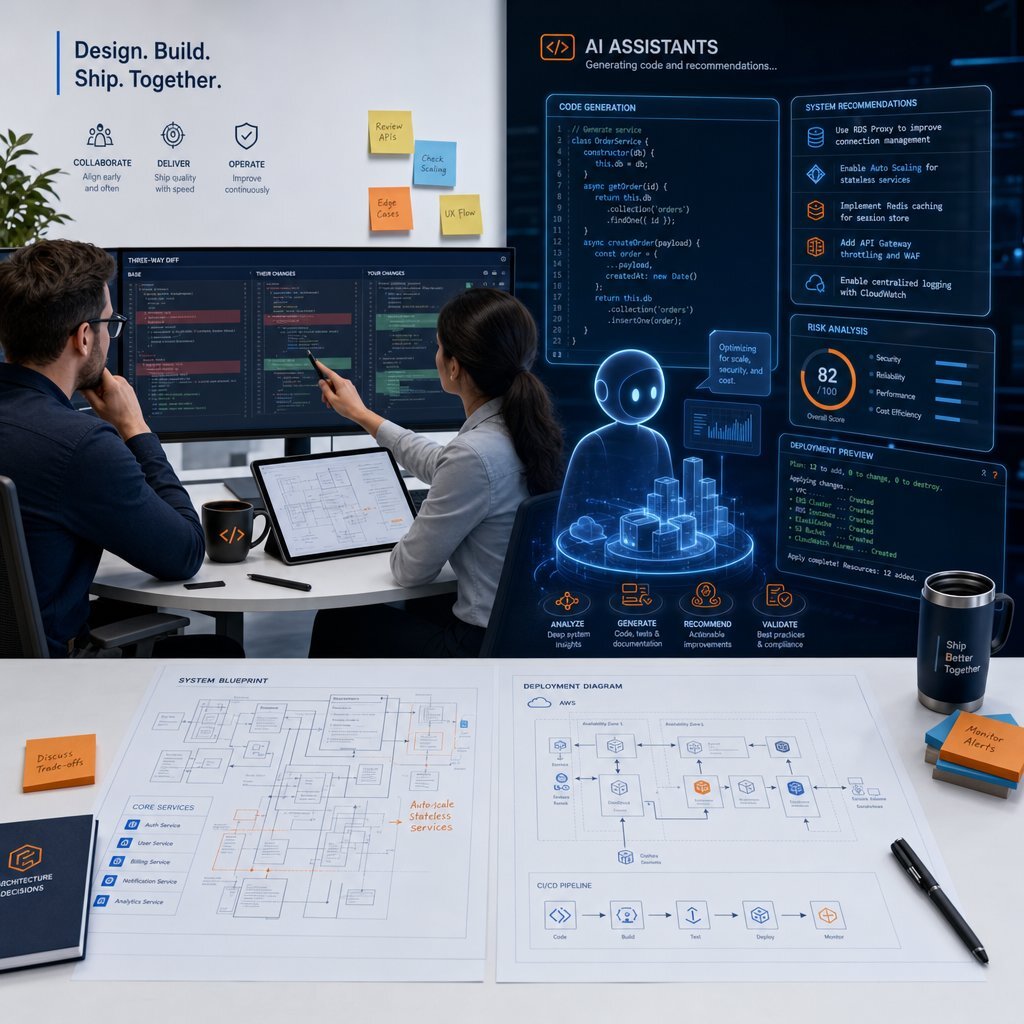 Human architects and AI agents working in harmony, maximizing enterprise ROI and stability.