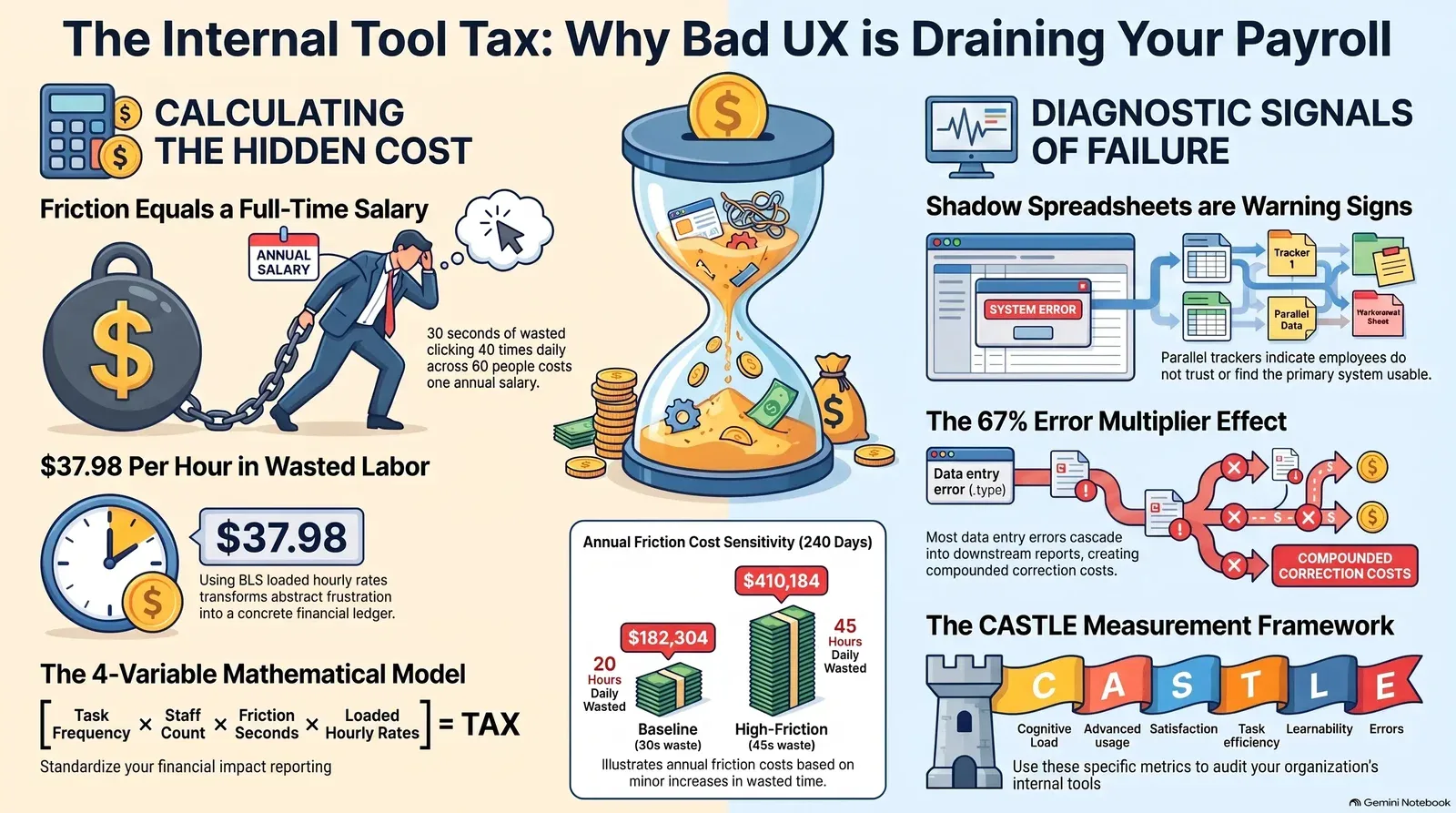 Visual explanation of how poor UX in internal tools causes hidden labor costs, error cascades, and system mistrust, with a framework for measurement and improvement.
