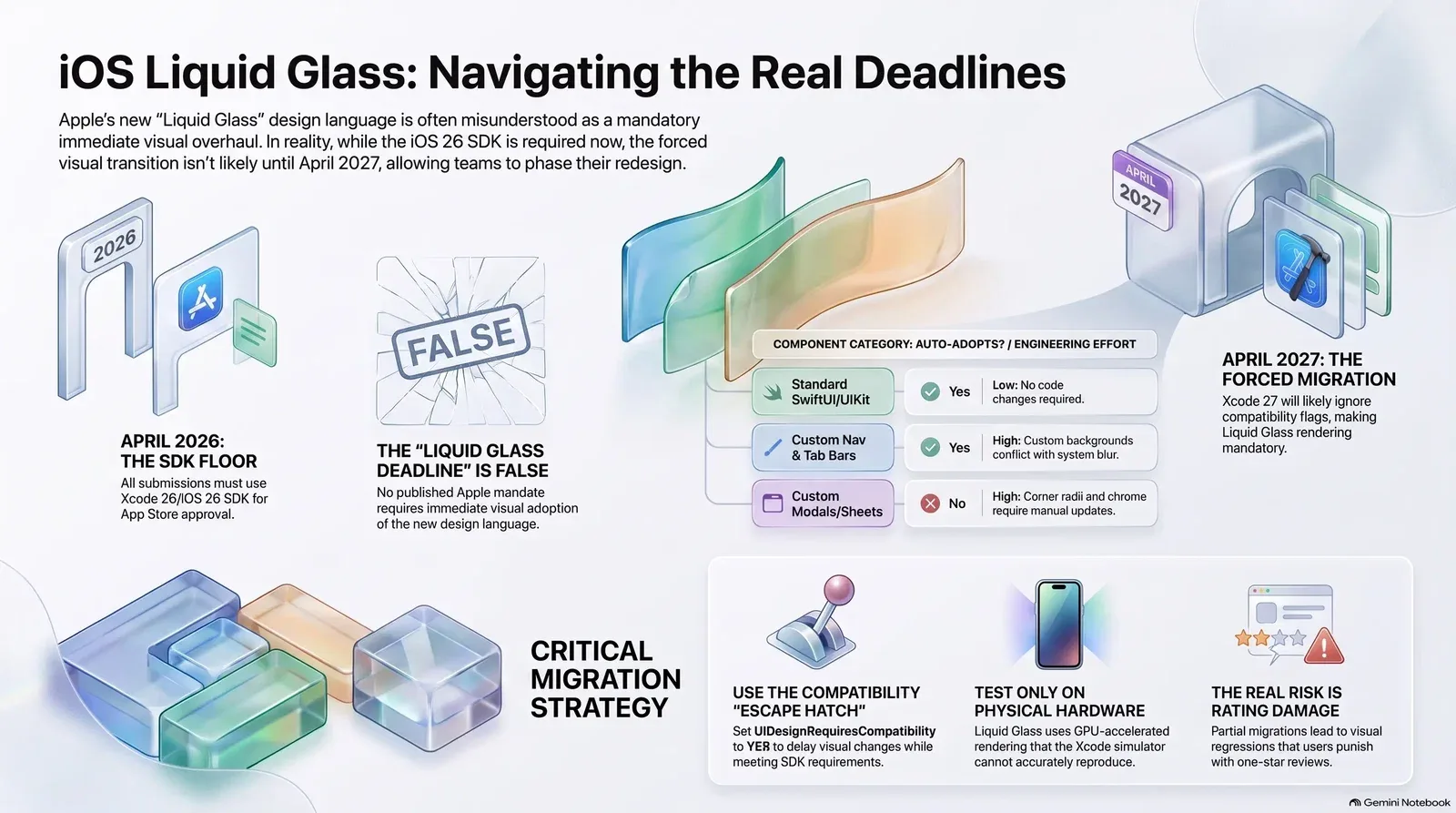 Timeline and guidance for transitioning to Apple's iOS Liquid Glass design, highlighting critical deadlines, component compatibility, and migration risks.