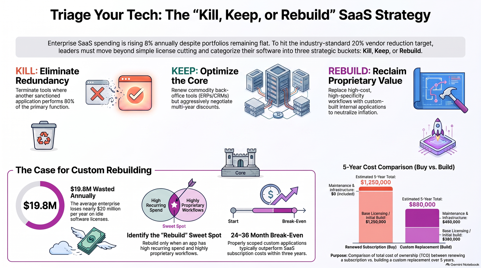 SaaS strategy framework to kill redundant tools, keep core systems, and rebuild proprietary workflows to optimize enterprise technology spending.