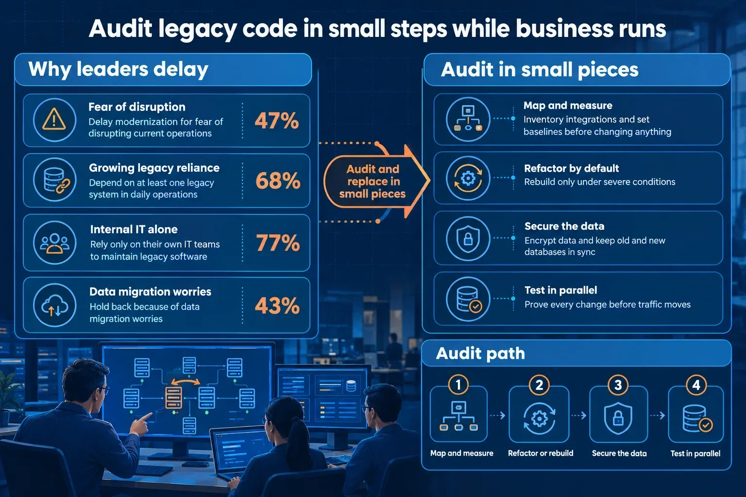 Poster showing why leaders delay legacy modernization and how a stepwise audit keeps the business running.