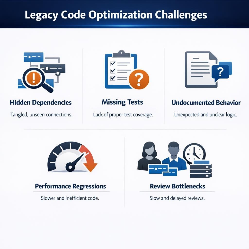 Graphic depicting common challenges in optimizing legacy code.