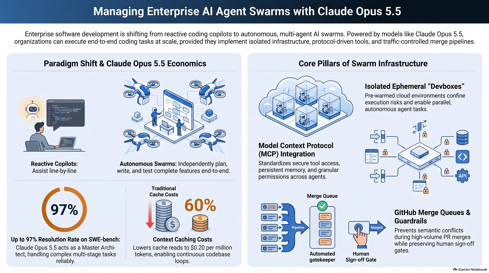 Overview of enterprise AI agent swarm management using Claude Opus 5.5, highlighting infrastructure pillars and economic advantages.