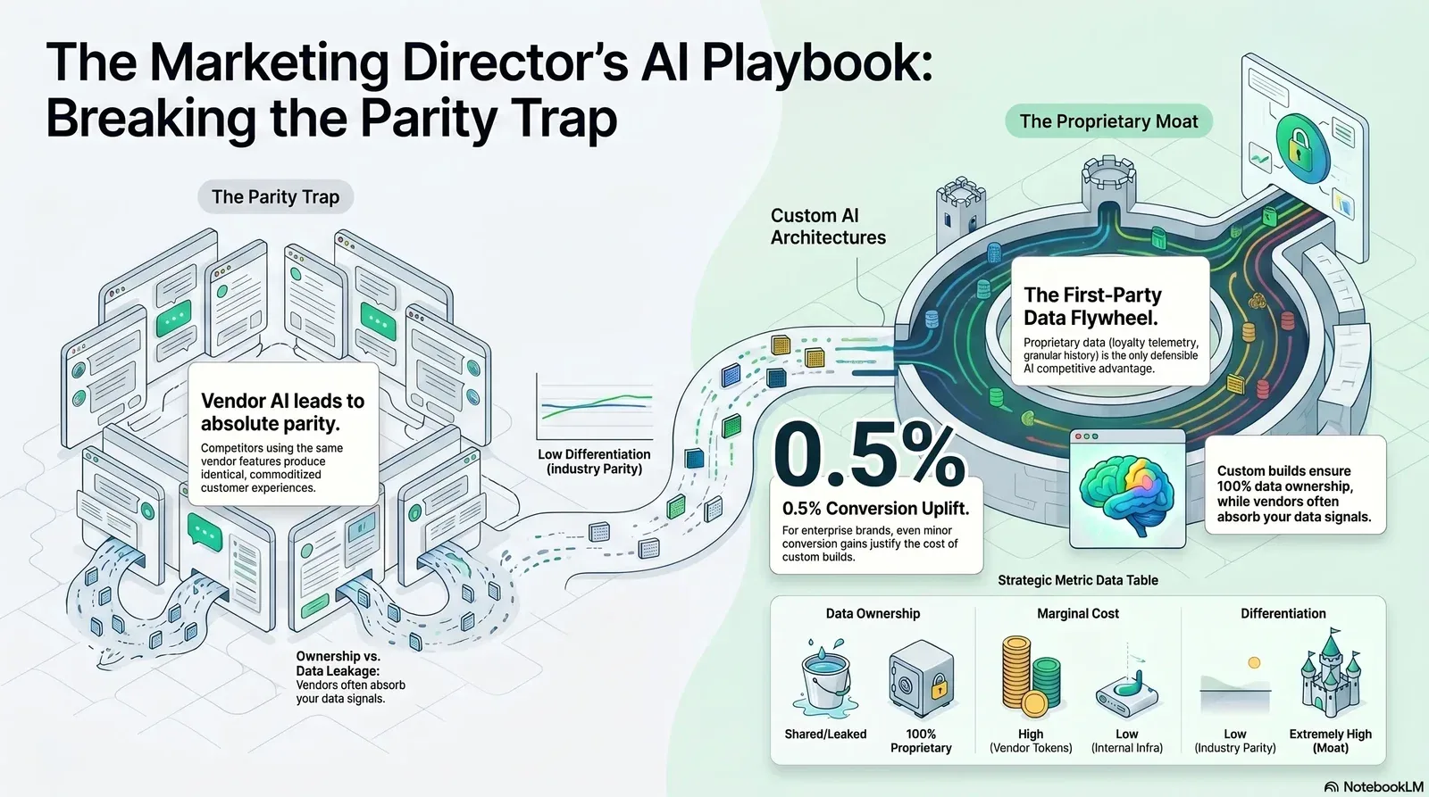 Infographic illustrating how marketing directors can break the AI parity trap by leveraging proprietary data and custom AI architectures for competitive advantage.