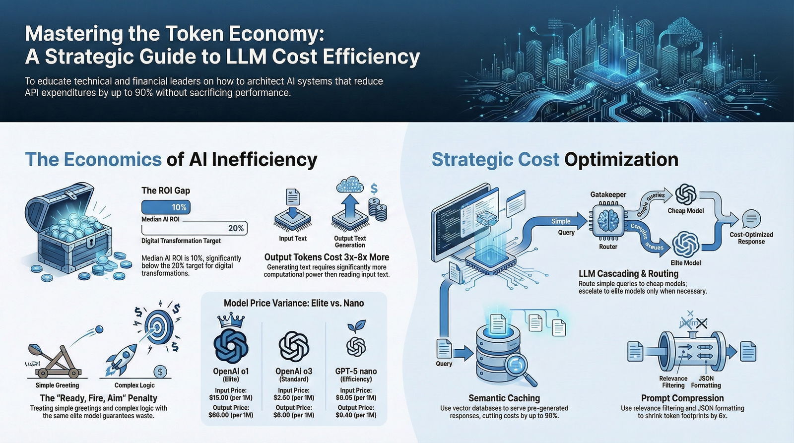 An infographic detailing strategies to improve large language model cost efficiency through economic insights and tactical optimizations.