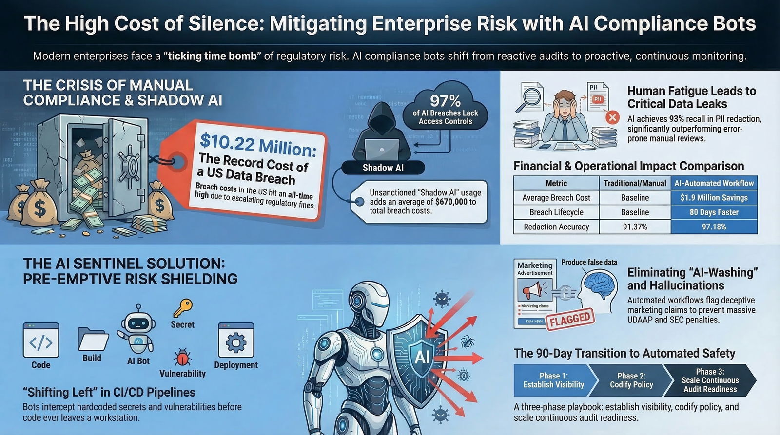 Overview of risks from manual compliance and shadow AI, and how AI compliance bots provide proactive, continuous enterprise risk mitigation.