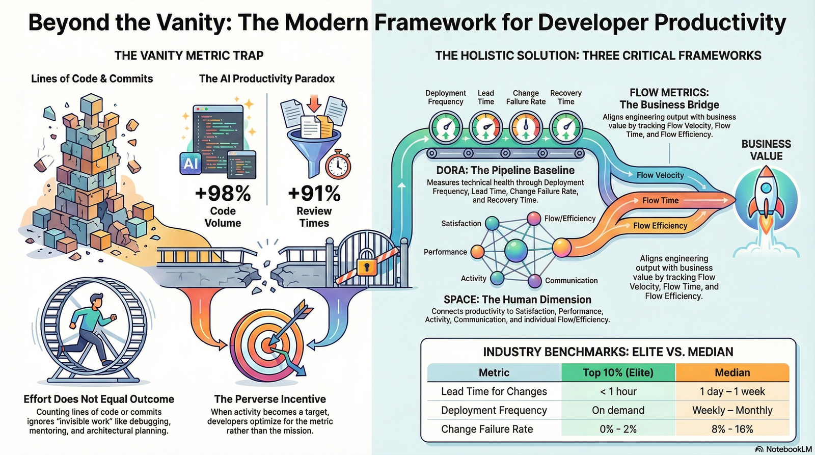 A detailed infographic comparing vanity metrics with a holistic framework for improving developer productivity using DORA, SPACE, and Flow metrics.
