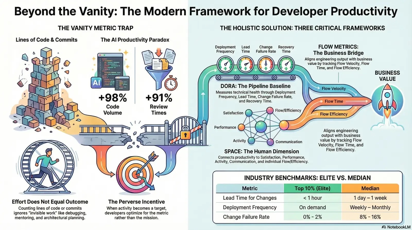 An infographic outlining the limitations of vanity metrics in developer productivity and proposing a holistic framework combining DORA, SPACE, and flow metrics to align engineering efforts with business value.