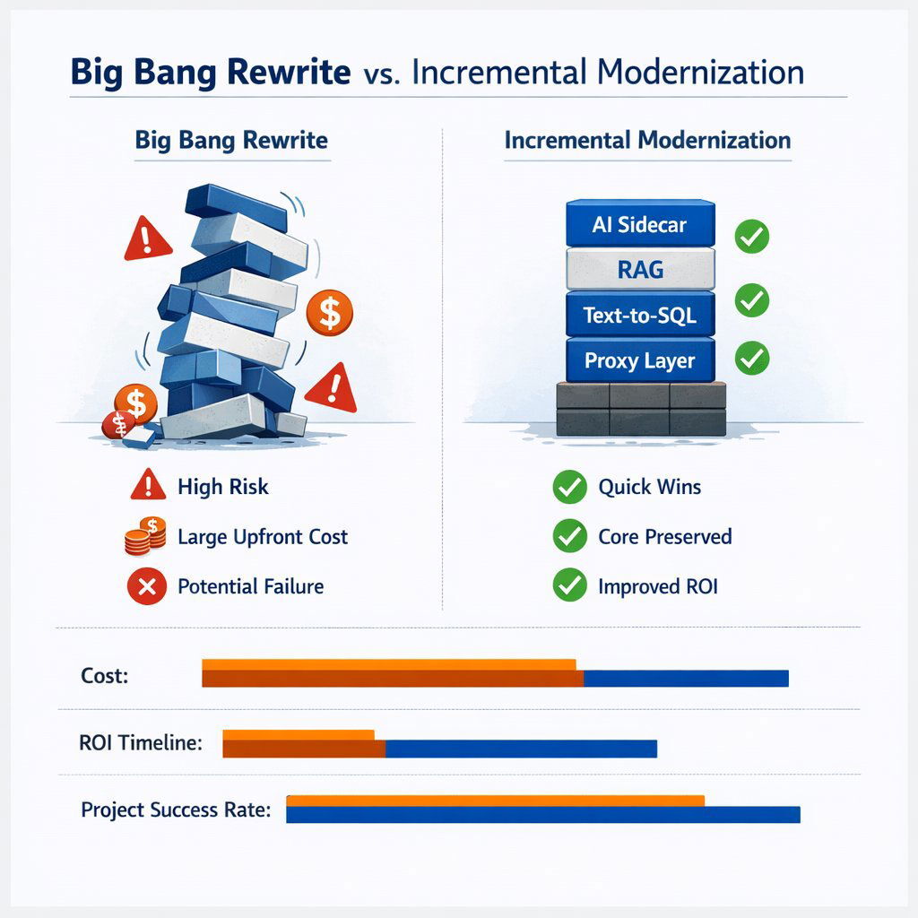 Infographic: Big Bang Rewrite vs. Incremental Modernization
