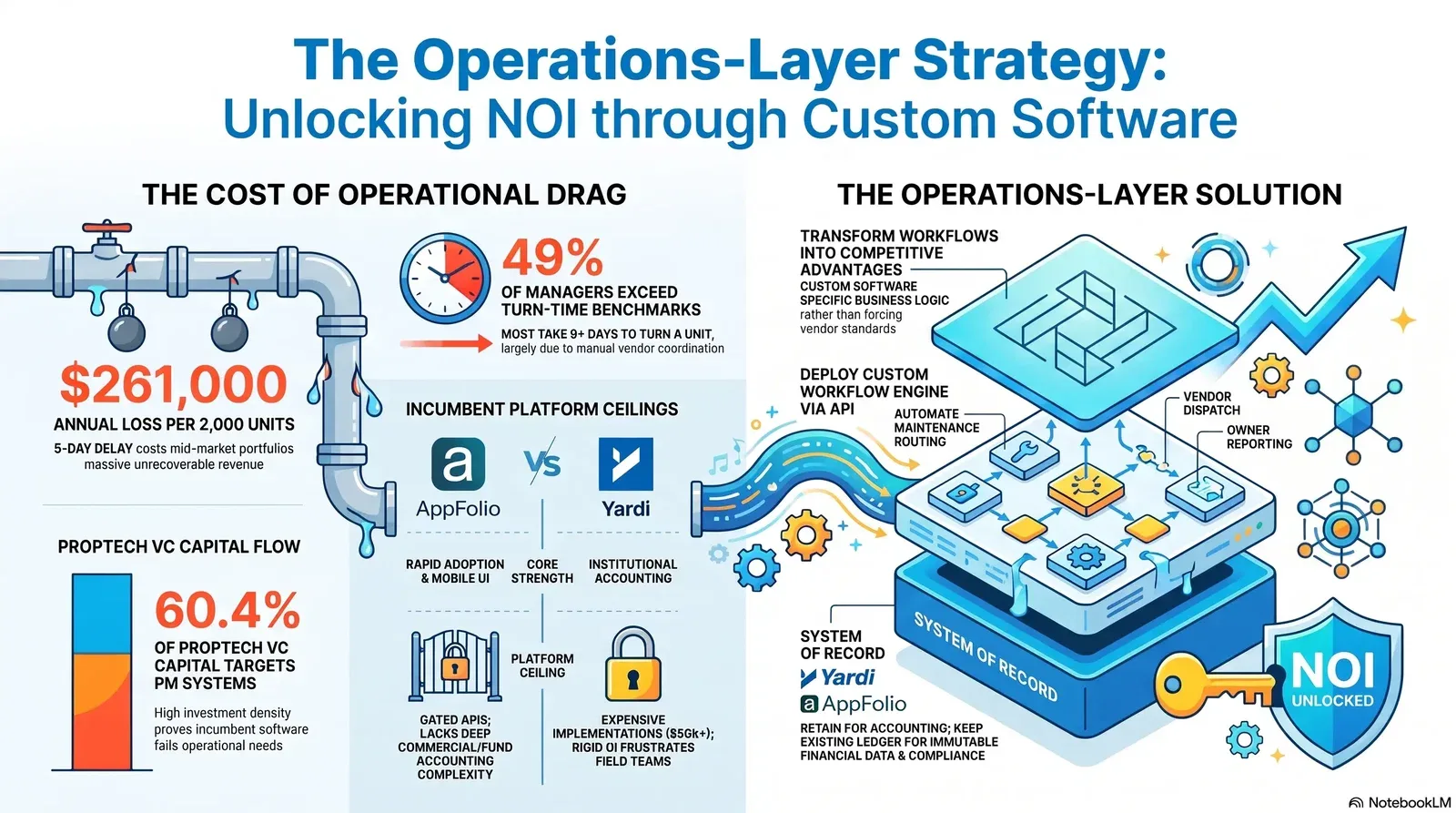 The Operations-Layer Strategy demonstrates unlocking NOI through custom software by addressing operational drag and platform limitations in property management.