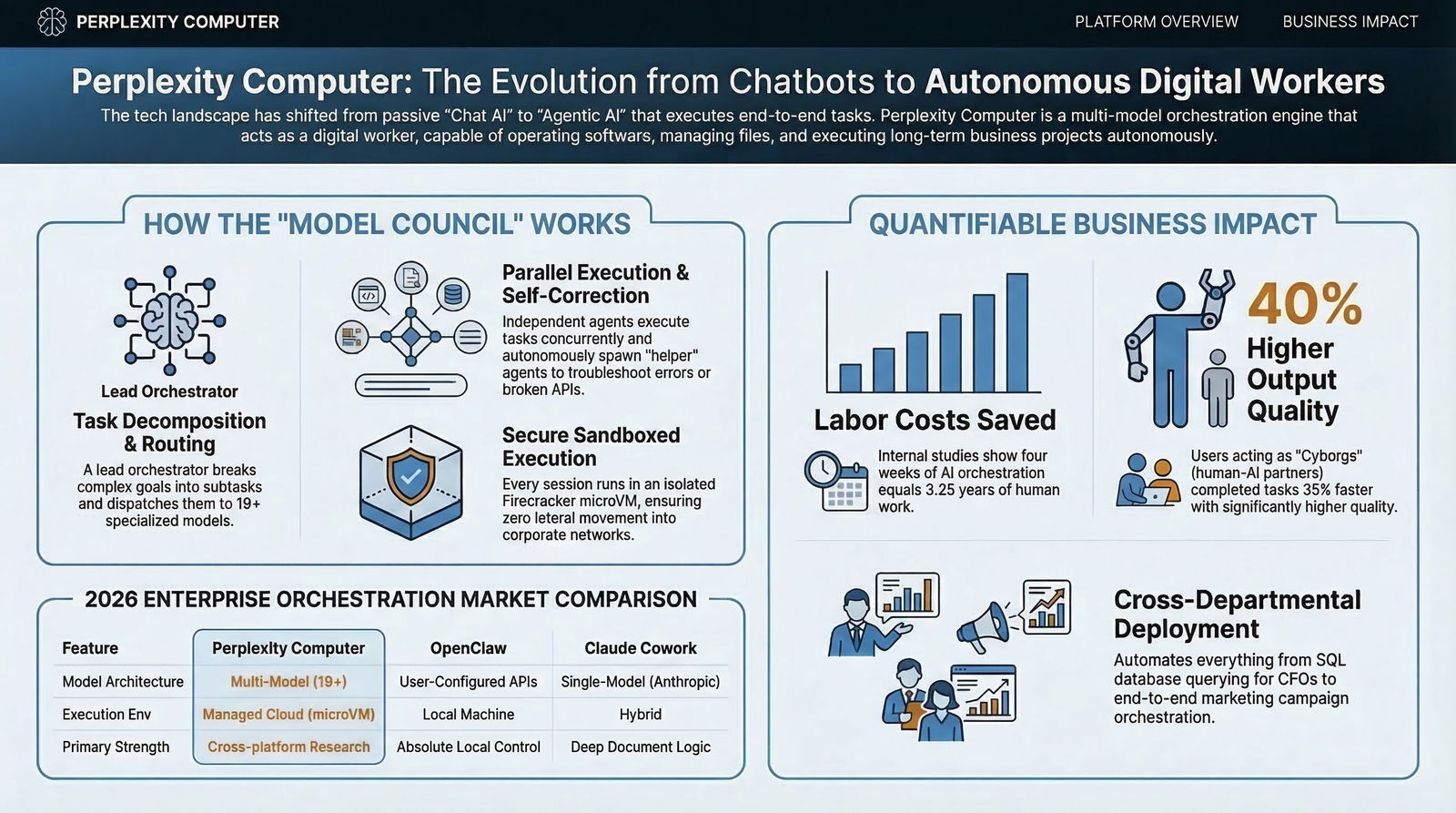 Overview of Perplexity Computer's architecture, business impact, and market comparison illustrating the shift from Chat AI to autonomous digital workers.