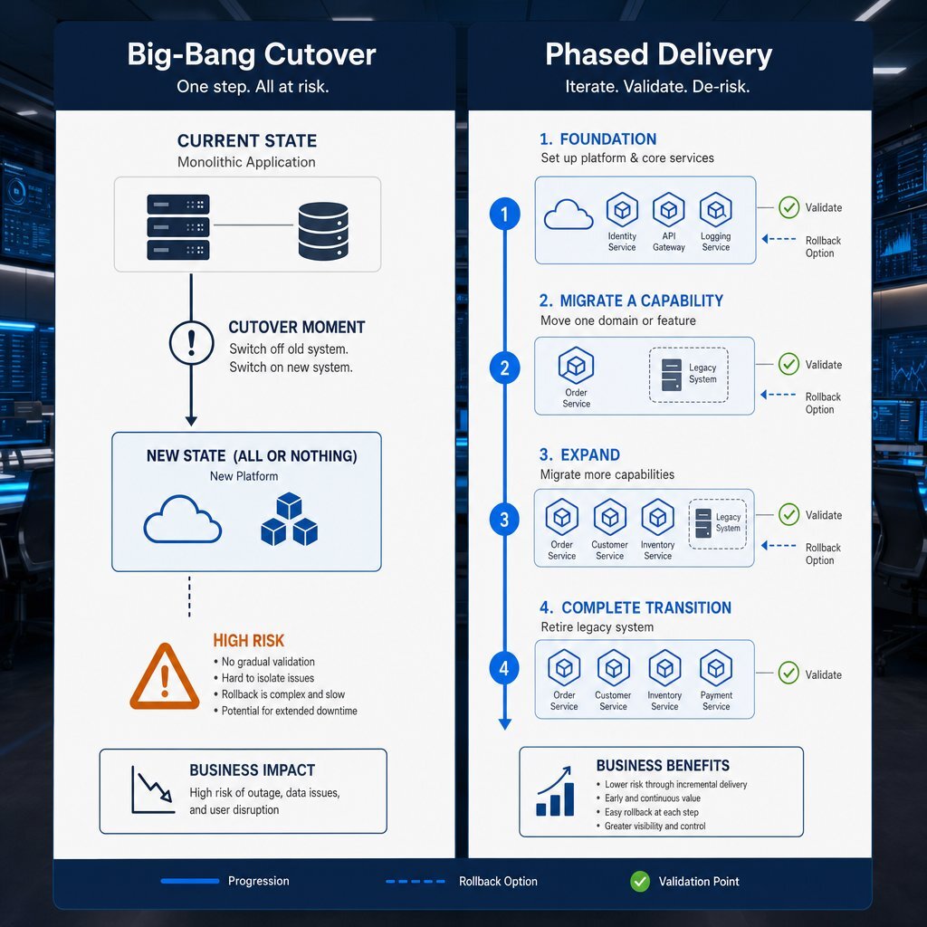 Visual: Phased Delivery vs Big-Bang Cutover