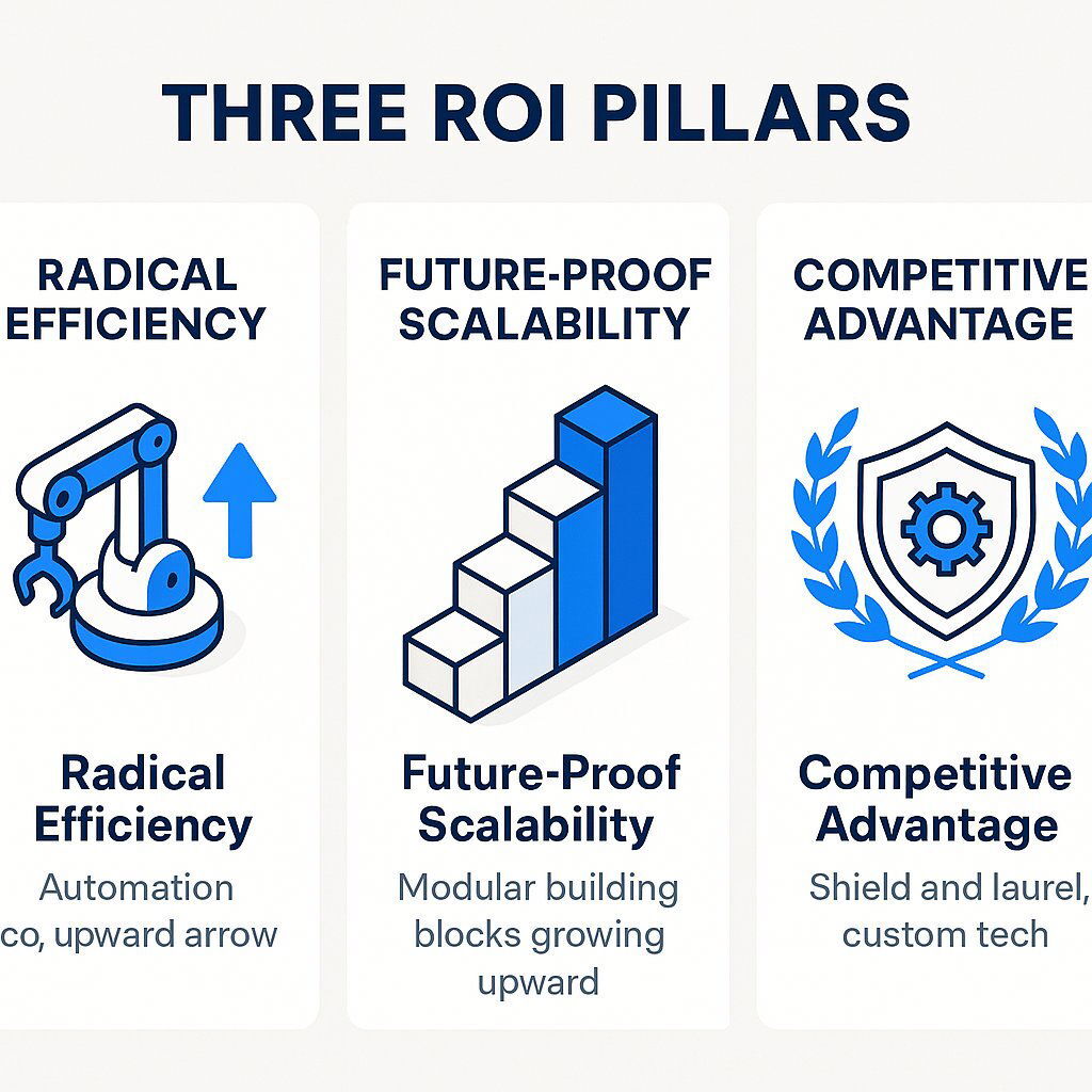 Pillars of Custom Software ROI - Efficiency, Scalability, Advantage