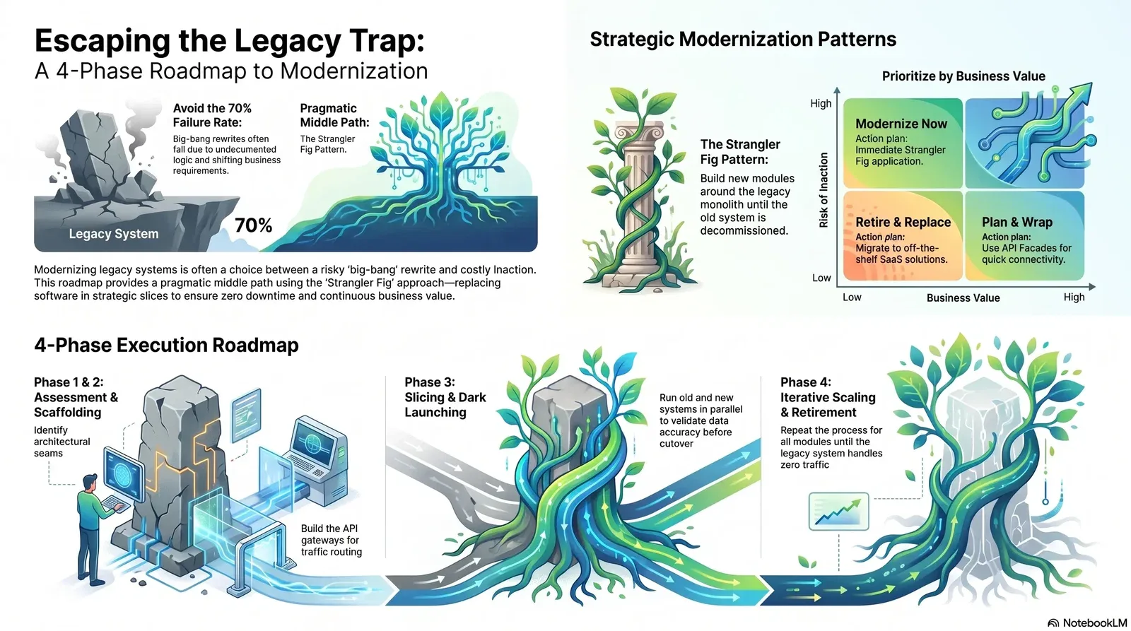 Roadmap and strategic patterns for incremental modernization of legacy systems using the Strangler Fig approach.