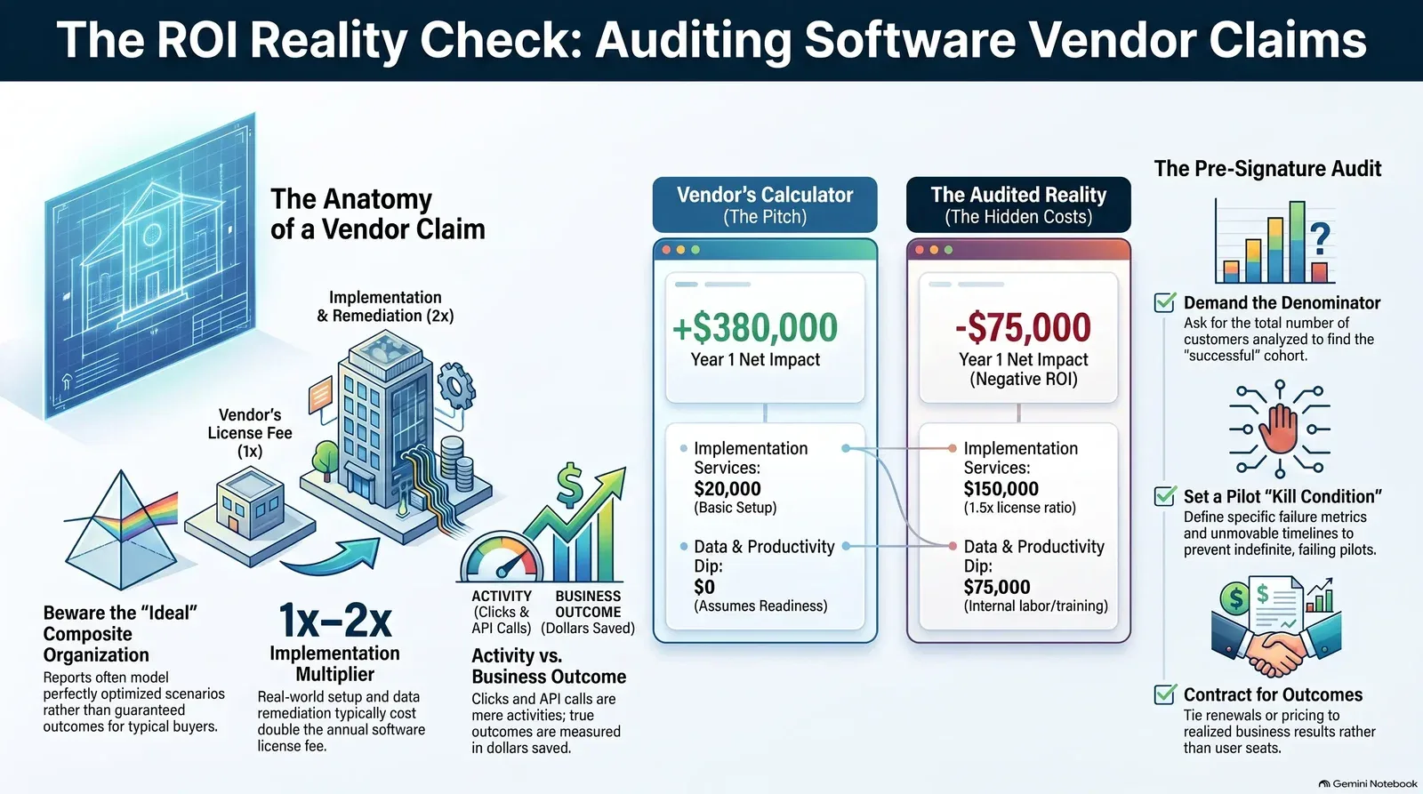Comparing vendor ROI claims against audited reality reveals hidden costs and the necessity of thorough pre-signature audits.