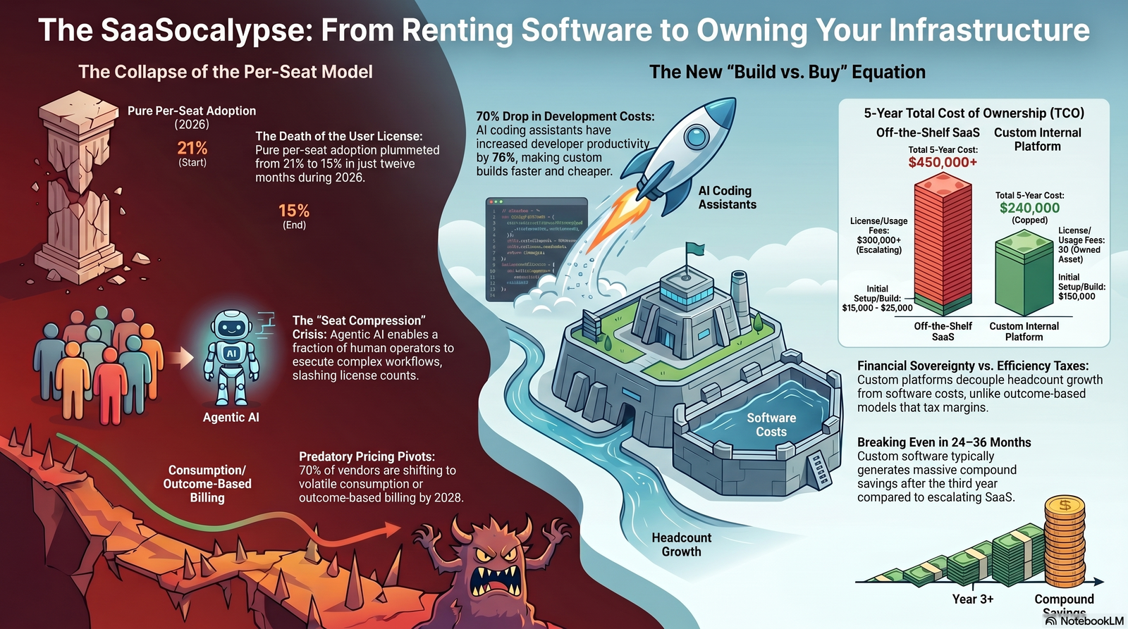 The SaaSocalypse infographic outlines the decline of per-seat SaaS models and the shift to owning infrastructure with AI-enabled efficiency boosting custom platform cost-effectiveness.