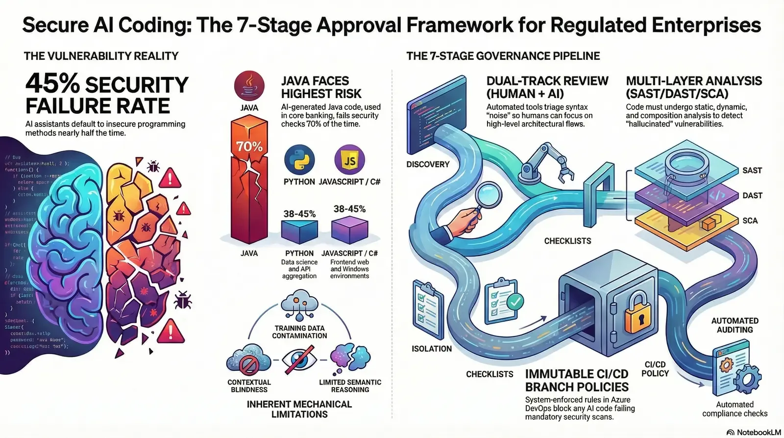 Infographic detailing AI coding security vulnerabilities and a 7-stage approval process integrating human and AI governance for secure enterprise software development.