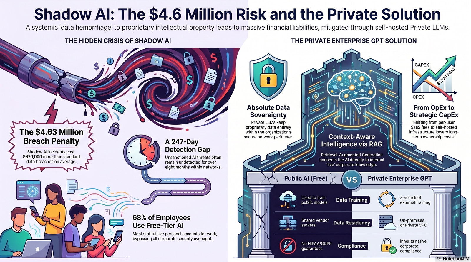 Infographic showing financial risks of Shadow AI and benefits of Private Enterprise GPT solutions.