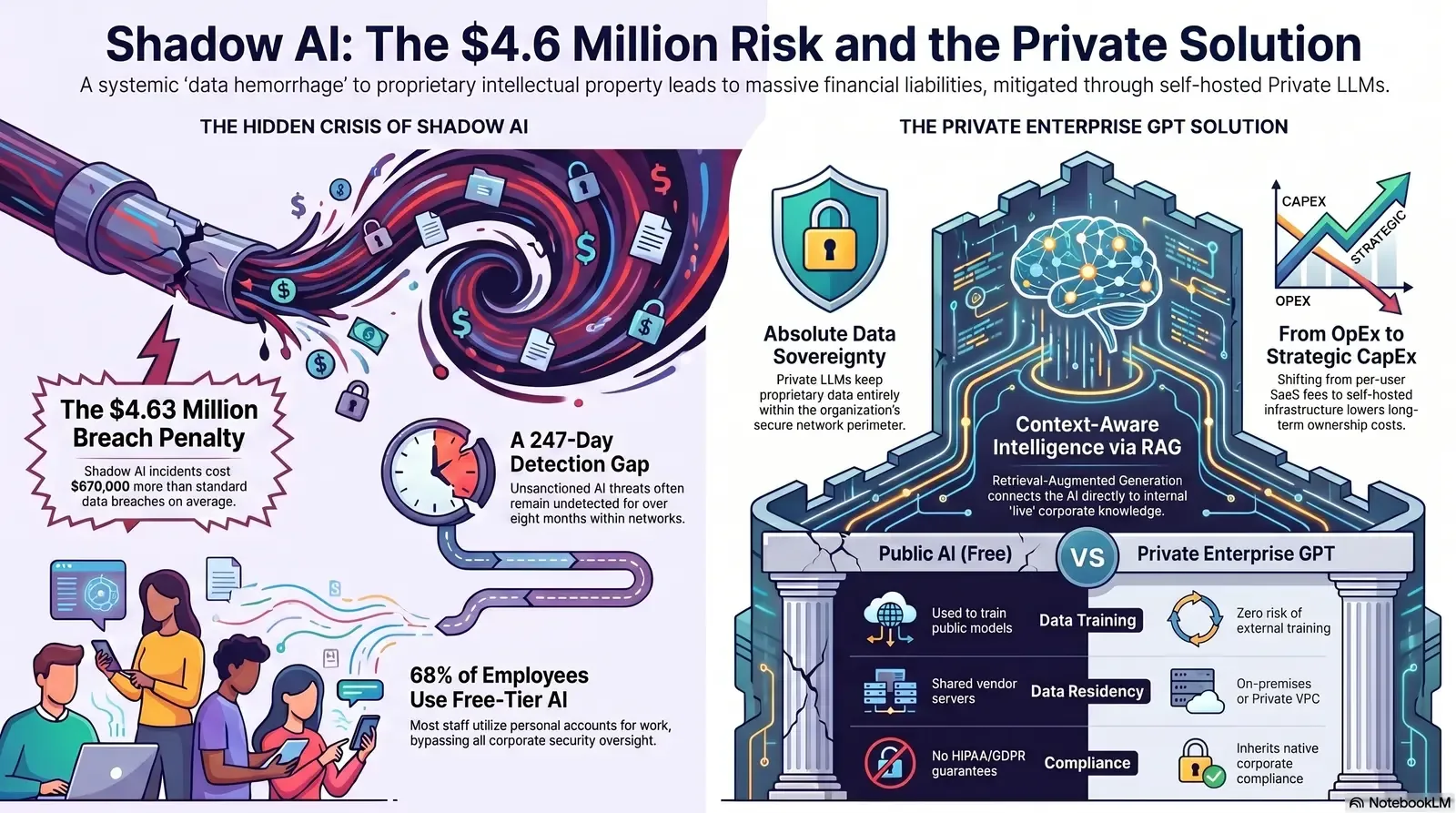 Infographic comparing the risks of Shadow AI with secure private enterprise GPT solutions using Retrieval-Augmented Generation (RAG).