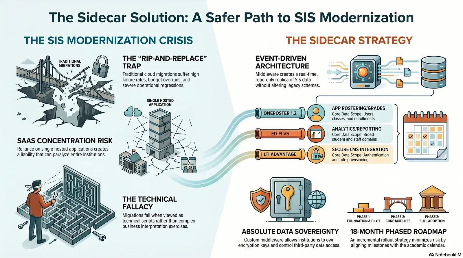 Infographic illustrating challenges of SIS modernization and a safer Sidecar Strategy solution employing event-driven architecture and phased implementation.