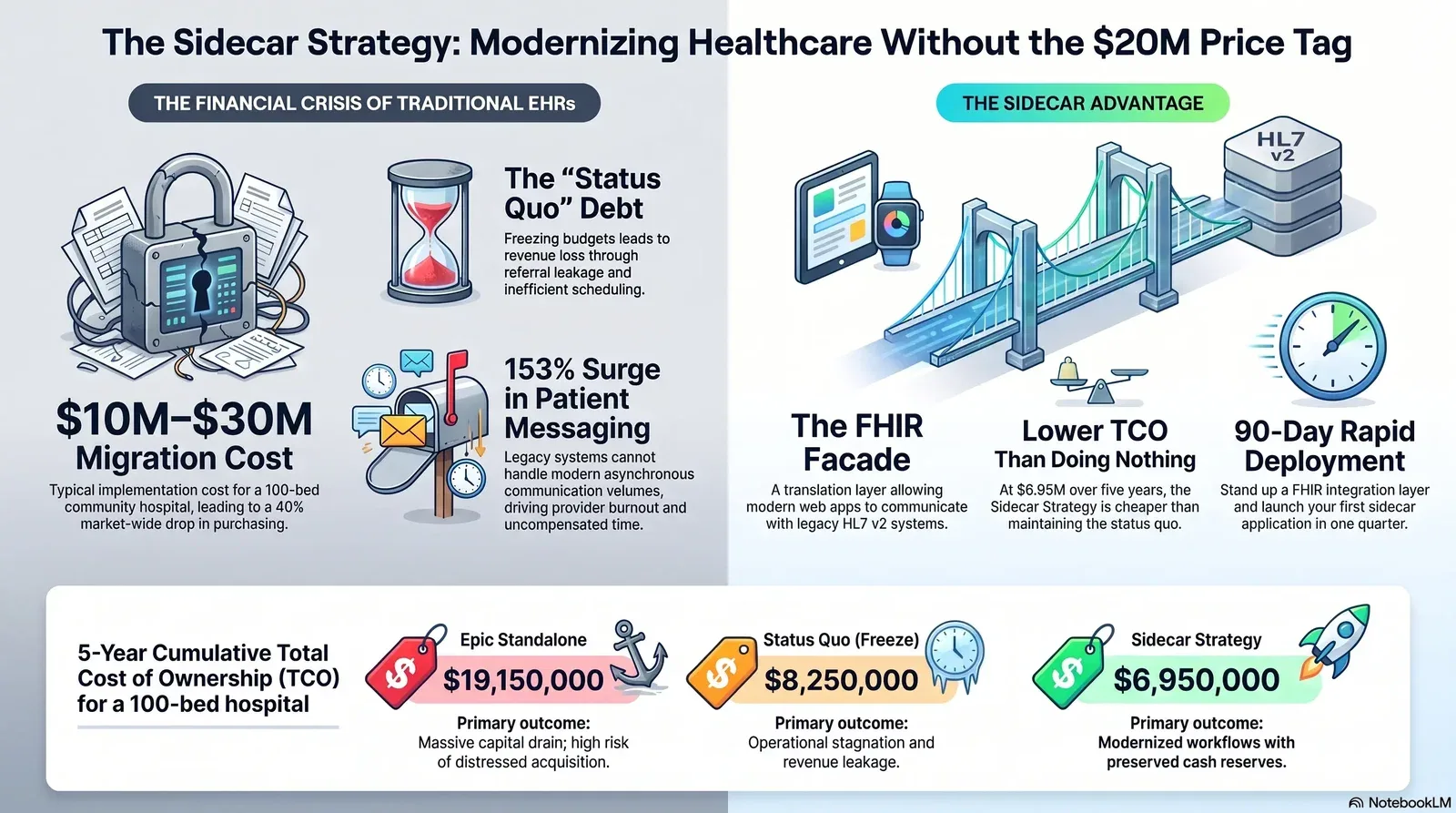 Comparison of traditional EHR financial challenges vs. the Sidecar Strategy advantages in modernizing healthcare IT solutions.