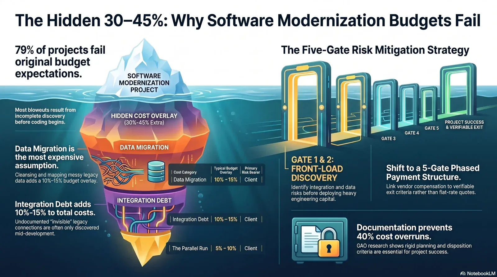 Infographic depicting the hidden costs leading to software modernization budget failures and the five-gate risk mitigation strategy for successful project delivery.