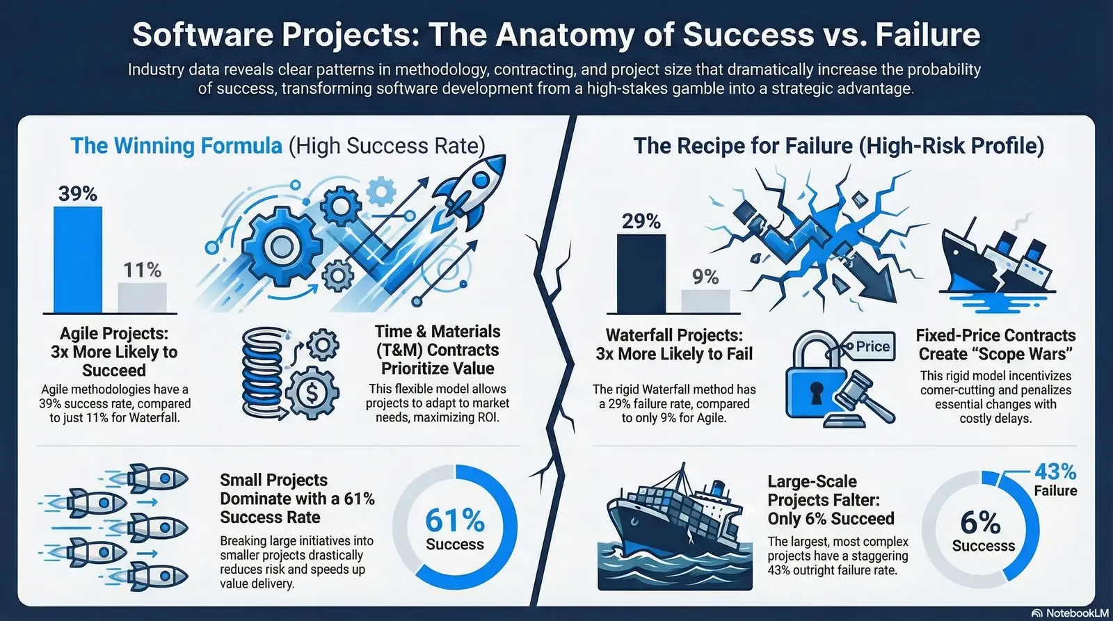 Comparison of success factors and risks in Agile vs Waterfall software projects.