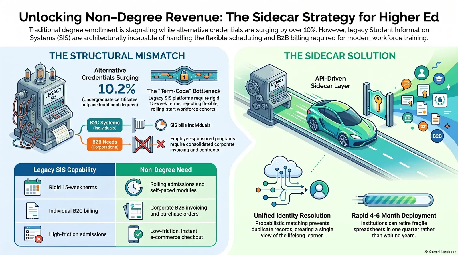Infographic comparing legacy SIS limitations with a modern API-driven sidecar solution to enhance non-degree credential revenue in higher education.