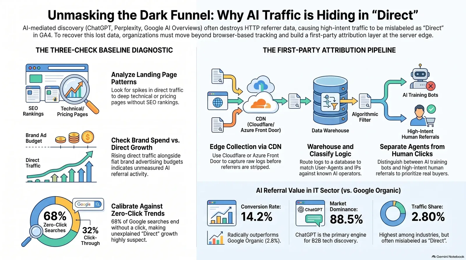 Diagram illustrating methods to identify and attribute AI-driven web traffic hidden in