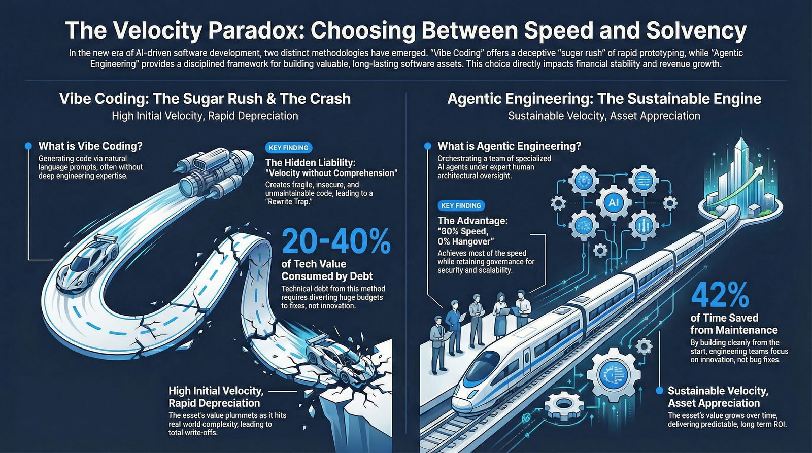 Comparison of rapid prototyping (Vibe Coding) versus disciplined AI-assisted engineering (Agentic Engineering) in software development.