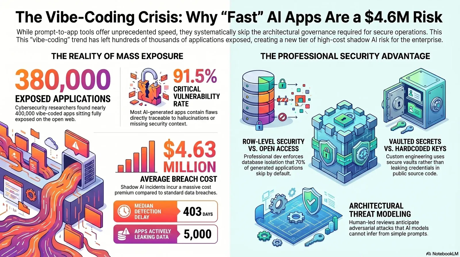 Overview of risks linked to fast AI app development versus professional security practices to mitigate high-cost vulnerabilities.