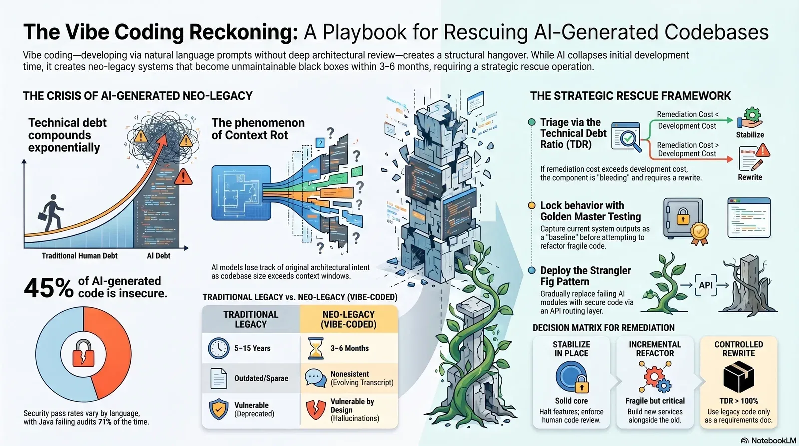 A detailed framework for managing and rescuing AI-generated neo-legacy codebases through strategic remediation and testing.